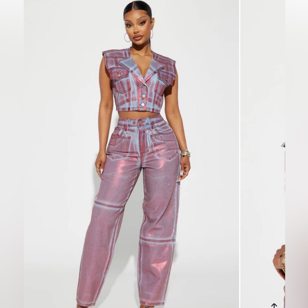 Fashion Nova Pink and Blue Wide Leg Jumpsuit Pants size 5 Vest size Small